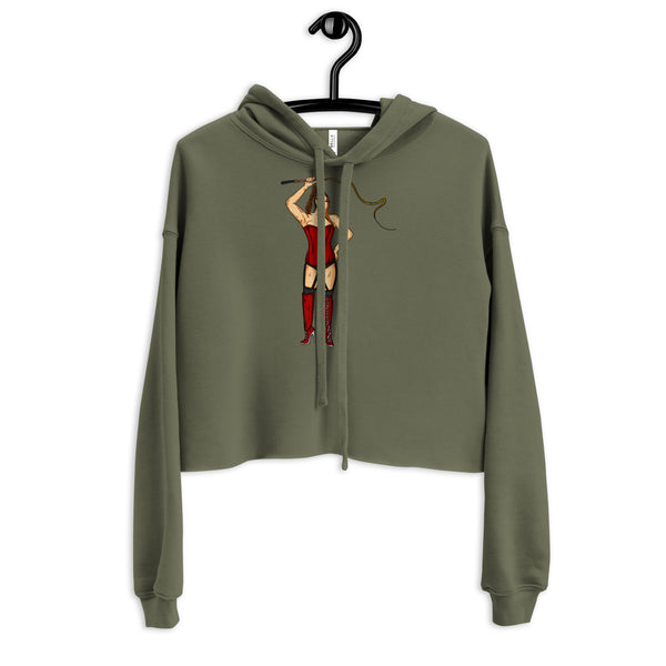 Front view of an olive-green cropped hoodie with a red corset-clad figure holding a whip