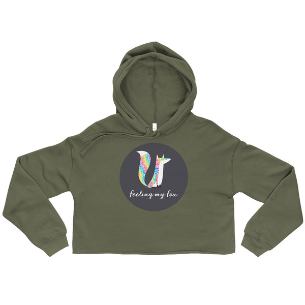 Front view of an olive green cropped hoodie with a colorful fox graphic and “feeling my fox” text