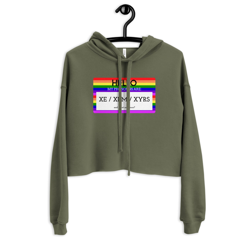 Military Green Hello My Pronouns Are Xe / Xem / Xyrs Crop Hoodie by Queer In The World Originals sold by Queer In The World: The Shop - LGBT Merch Fashion