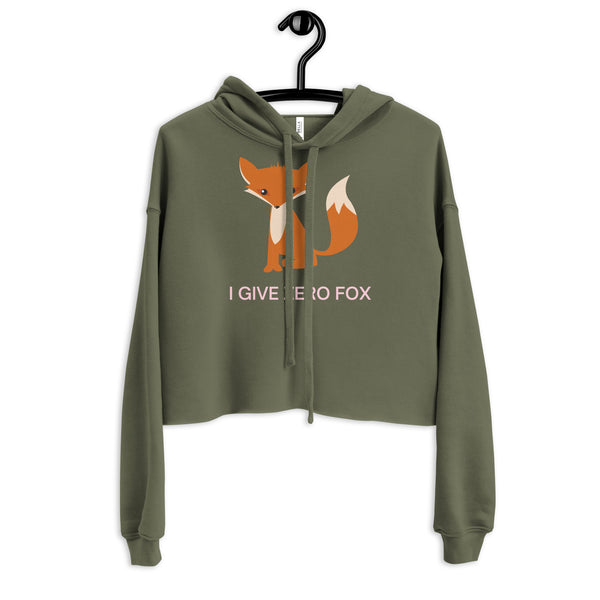 Front view of an olive-green cropped hoodie with a fox graphic and “I GIVE ZERO FOX” text