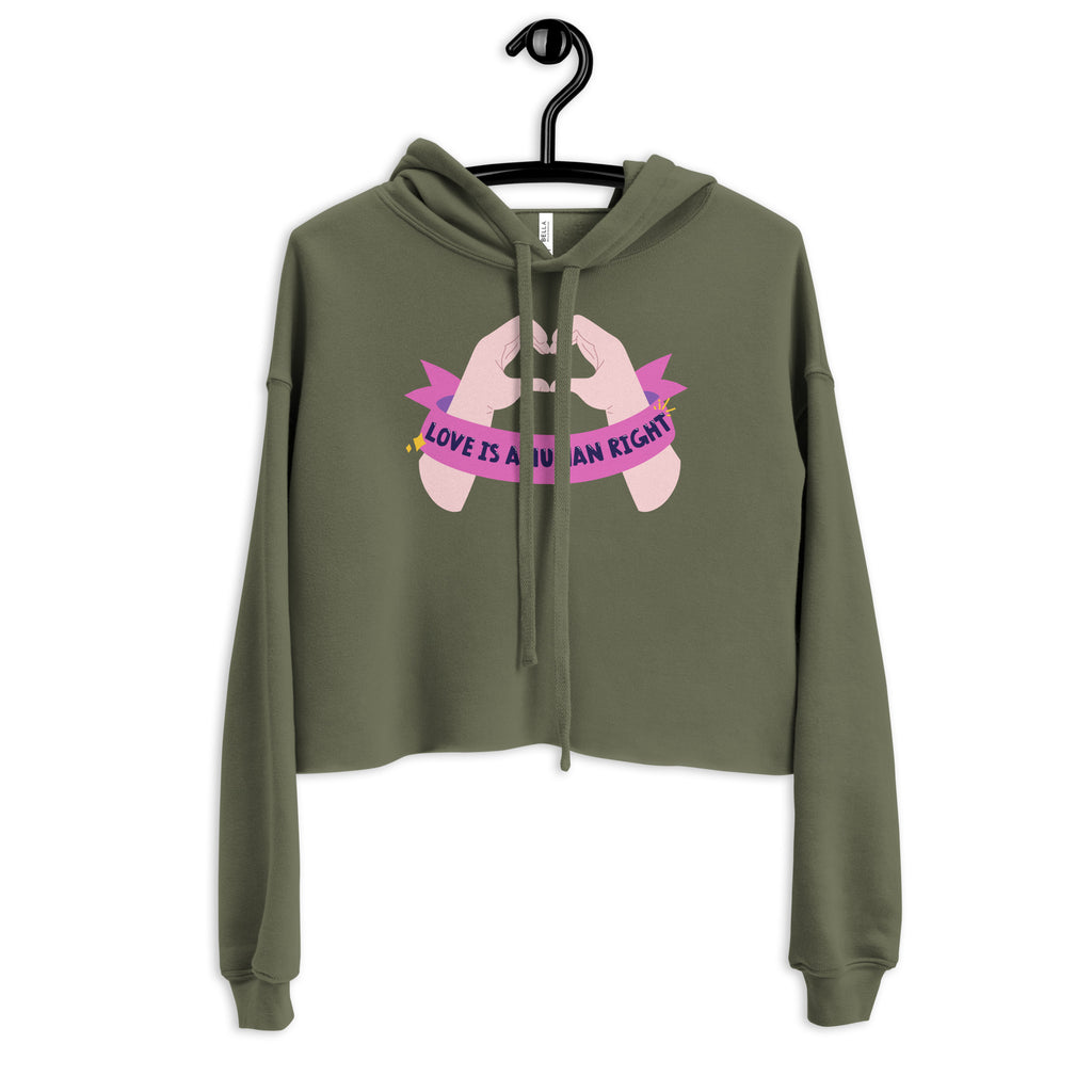 Military Green Love Is A Human Right Crop Hoodie by Queer In The World Originals sold by Queer In The World: The Shop - LGBT Merch Fashion