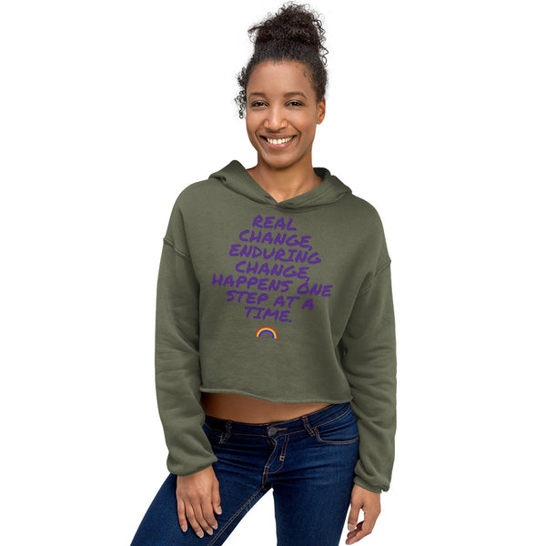 Military Green Real Change, Enduring Change Crop Hoodie by Queer In The World Originals sold by Queer In The World: The Shop - LGBT Merch Fashion