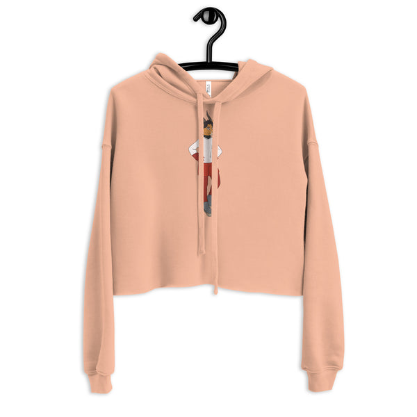 Peach cropped hoodie hanging front-facing, with a small cartoon figure printed beneath the drawstrings
