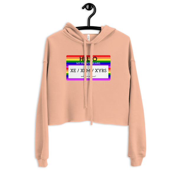Peach Hello My Pronouns Are Xe / Xem / Xyrs Crop Hoodie by Queer In The World Originals sold by Queer In The World: The Shop - LGBT Merch Fashion