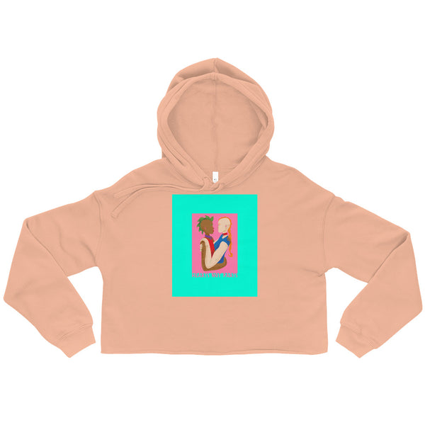 Peach cropped hoodie with hood and colorful graphic of two people embracing