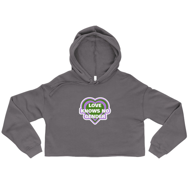 Front view of a charcoal cropped hoodie with a heart graphic reading “LOVE KNOWS NO GENDER.”
