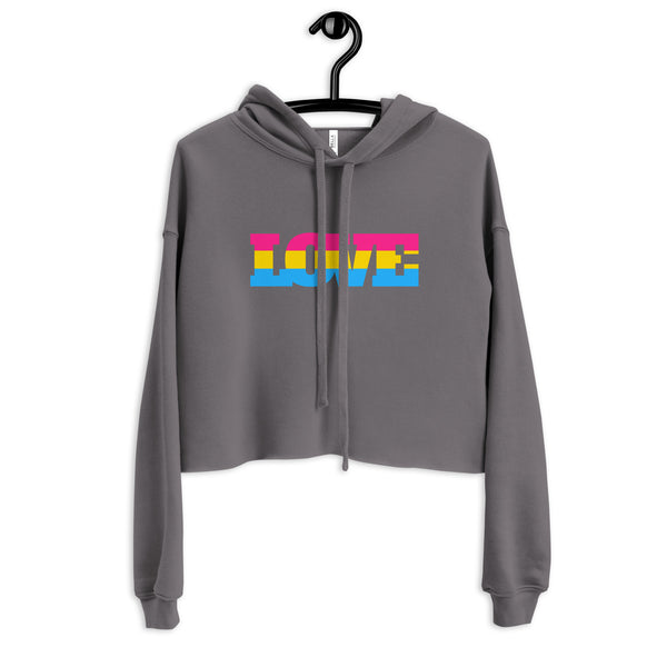 Front view of a gray cropped hoodie on a hanger with colorful “LOVE” lettering