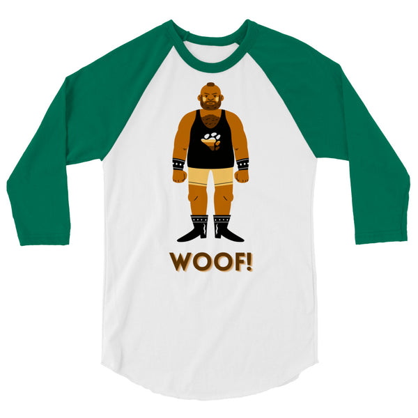 Green-and-white raglan shirt with a bearded bear illustration and “WOOF!” text