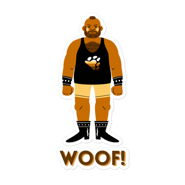 Sticker of a bearded bear man in a black tank top and boots above “WOOF!”