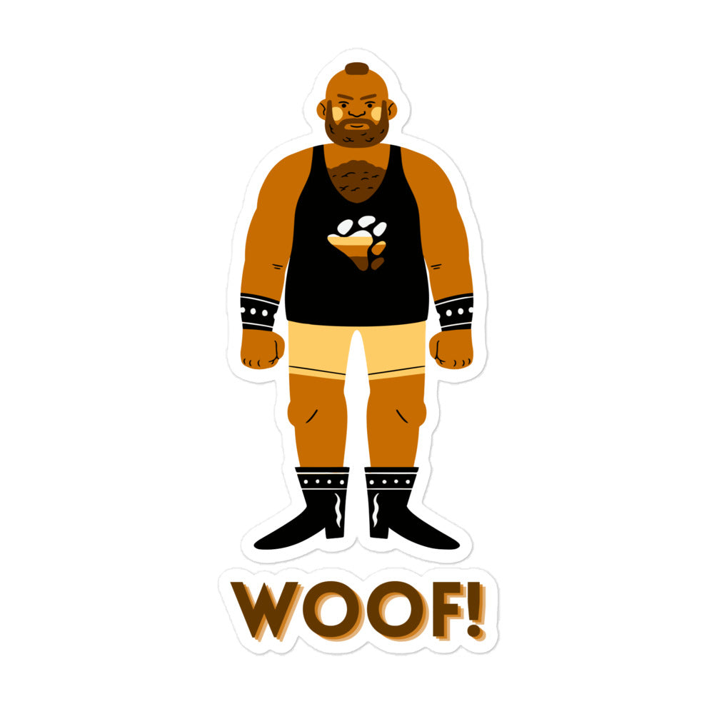 Sticker of a bearded bear man in a black tank top and boots above “WOOF!”
