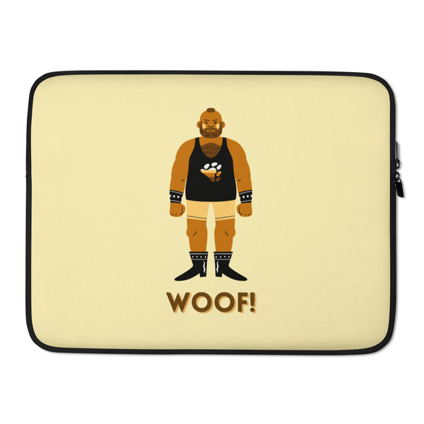 Beige laptop sleeve with a bearded man in a black harness outfit and “WOOF!” text