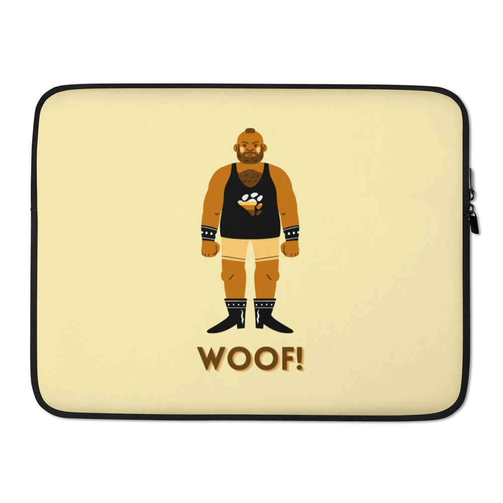 Beige laptop sleeve with a bearded man in a black harness outfit and “WOOF!” text