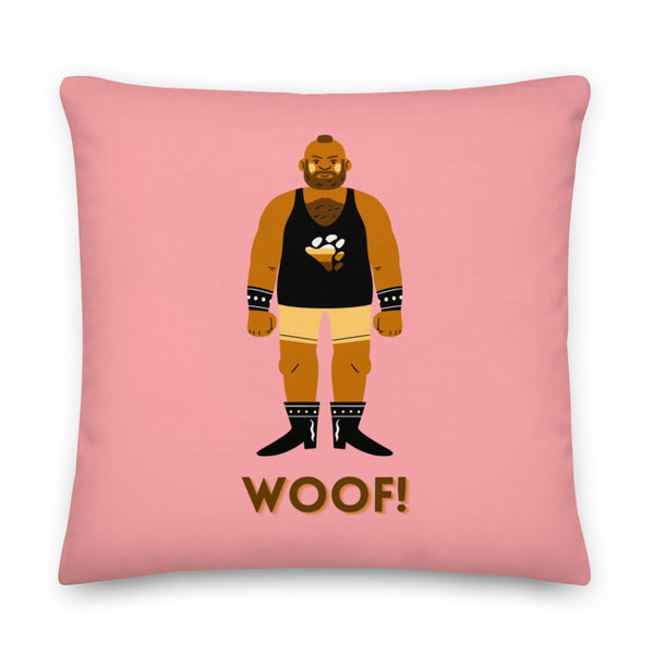 Pink square pillow with a bearded bear in a harness and boots, labeled “WOOF!”