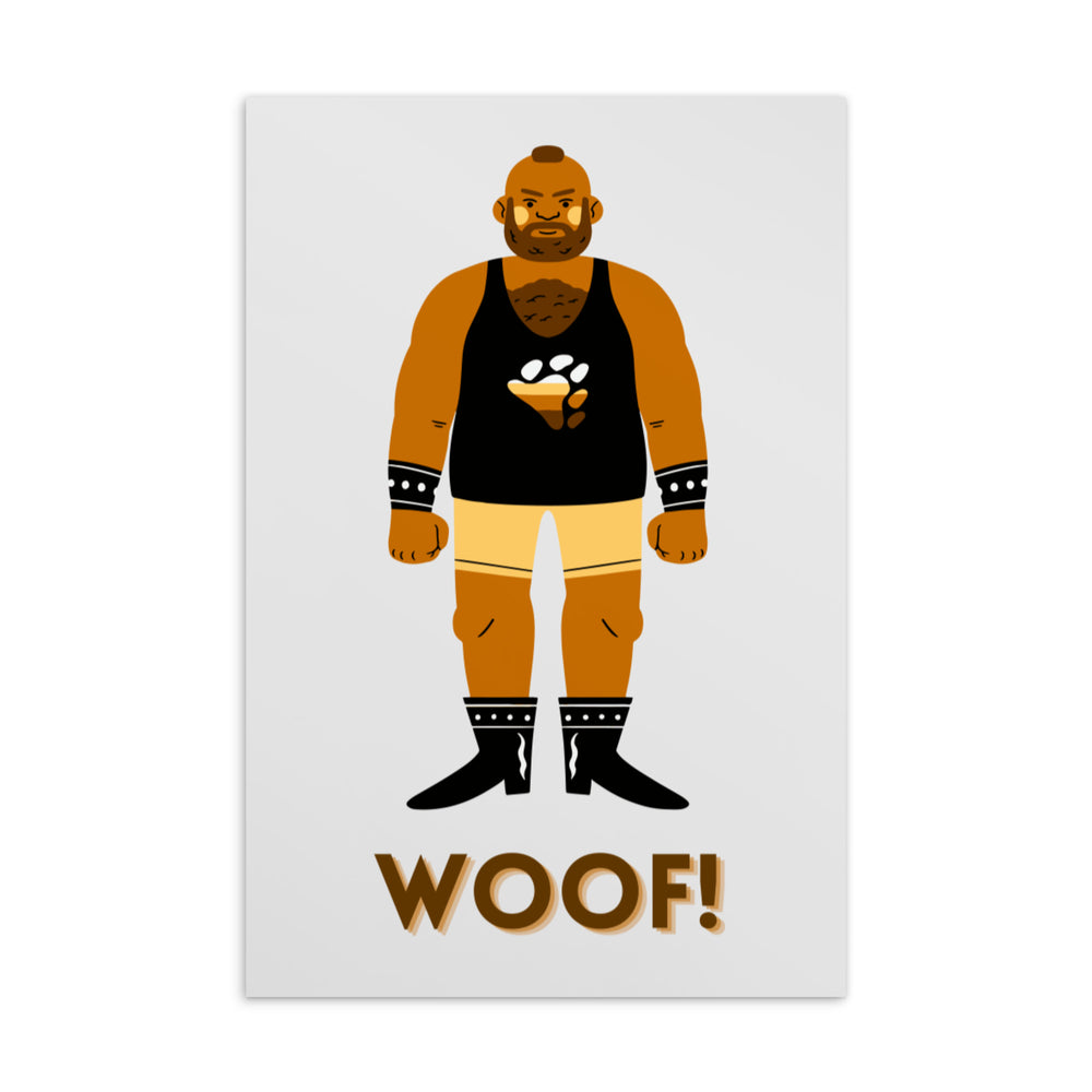 Postcard showing a bearded bear in a leather-style outfit with a paw print and “WOOF!”