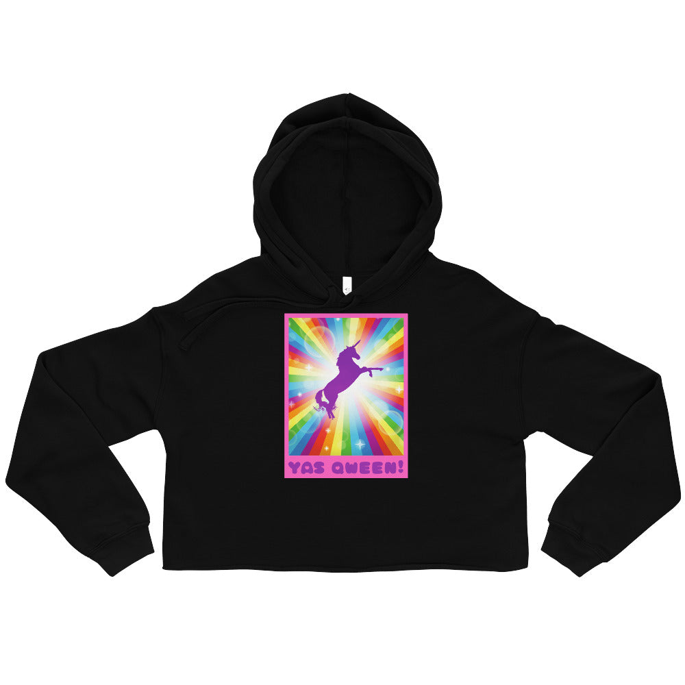 Black cropped hoodie with a colorful unicorn graphic and “YAS QWEEN!” text