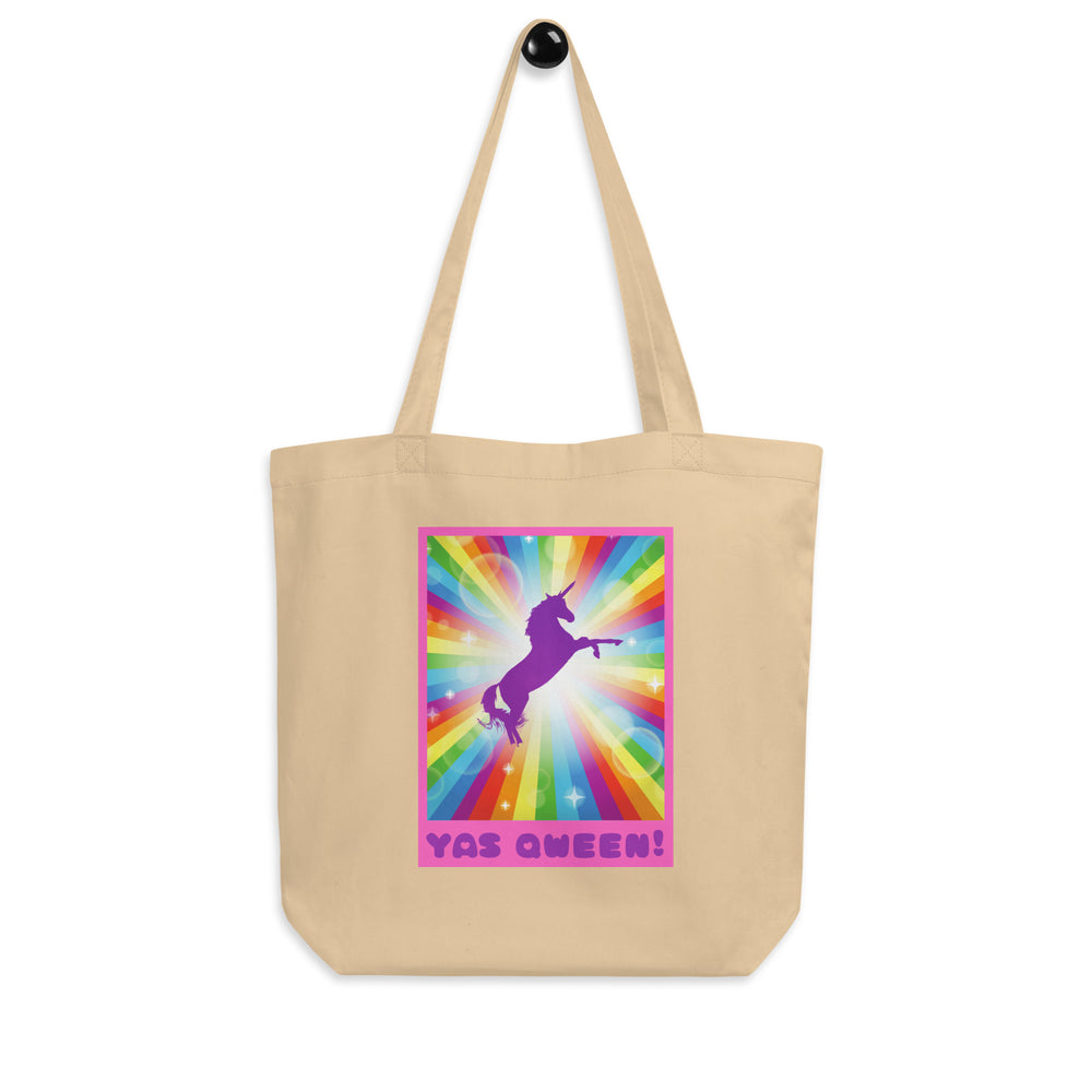 Natural canvas tote with rainbow rays, purple unicorn graphic, and “YAS QWEEN!” text