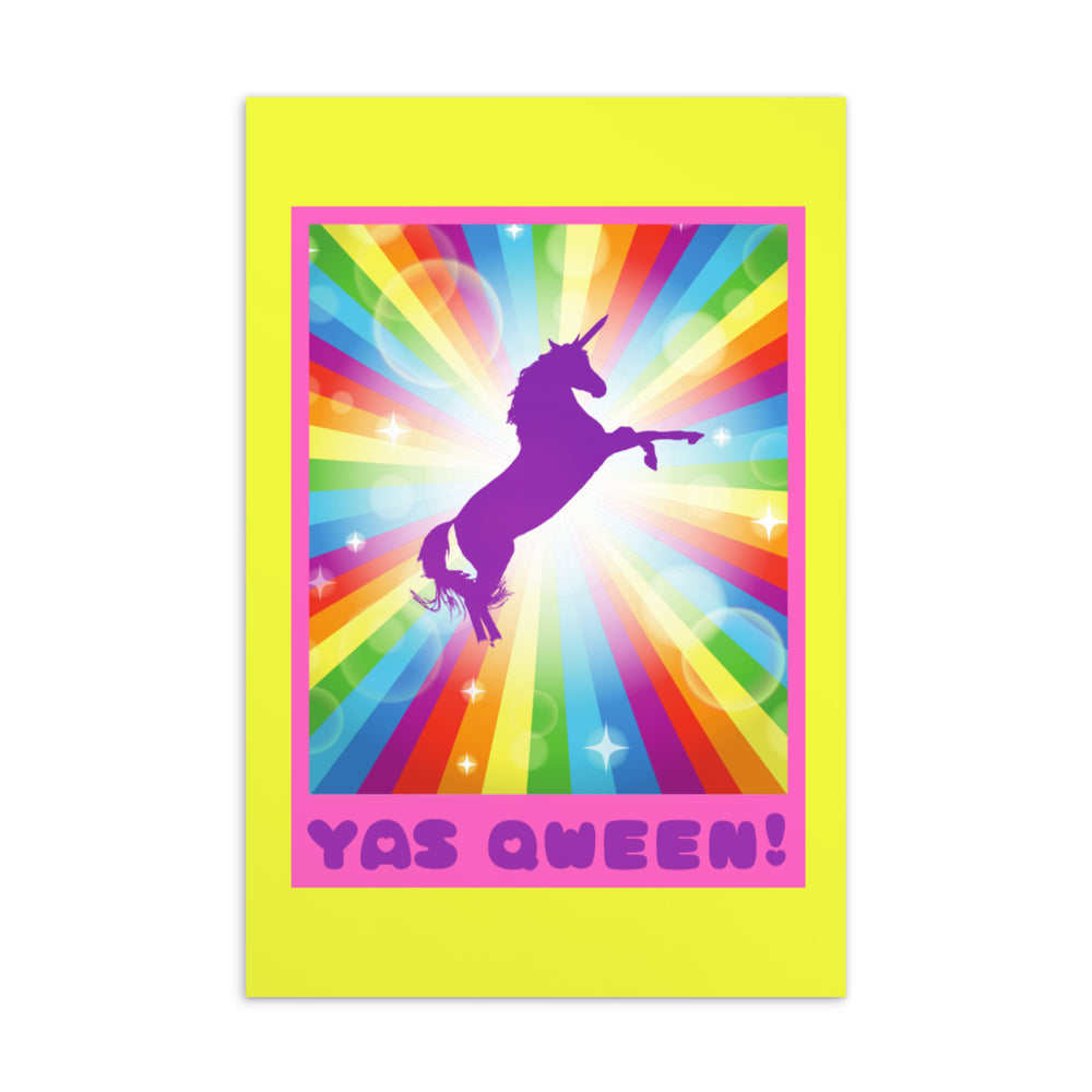 Postcard with a purple flying unicorn over rainbow rays and “YAS QWEEN!” text