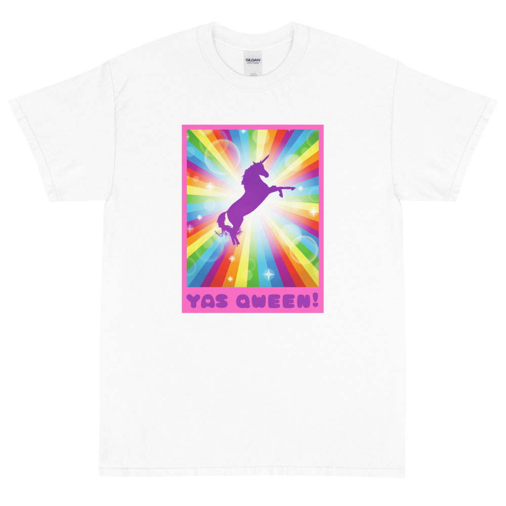 White T-shirt with a rainbow unicorn graphic and “YAS QWEEN!” slogan