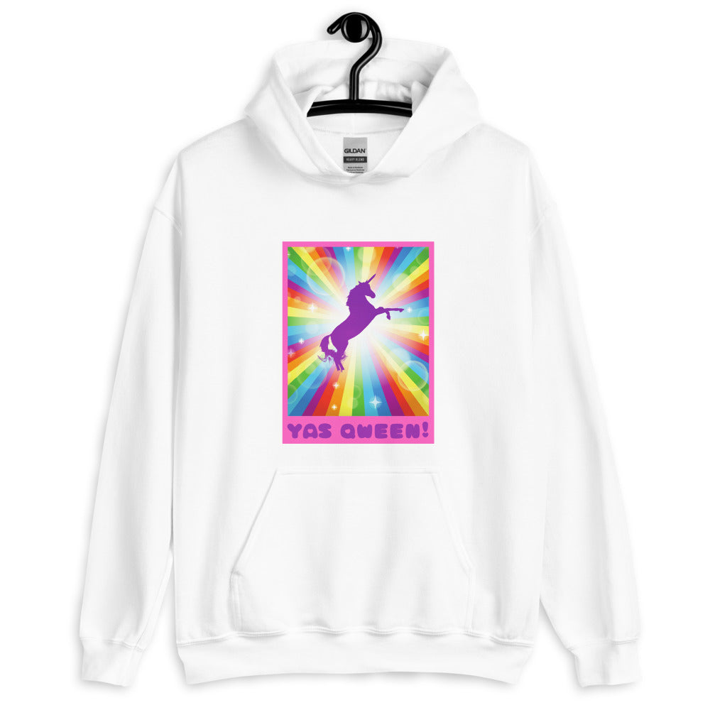White pullover hoodie with a rainbow unicorn graphic and “YAS QWEEN!” text