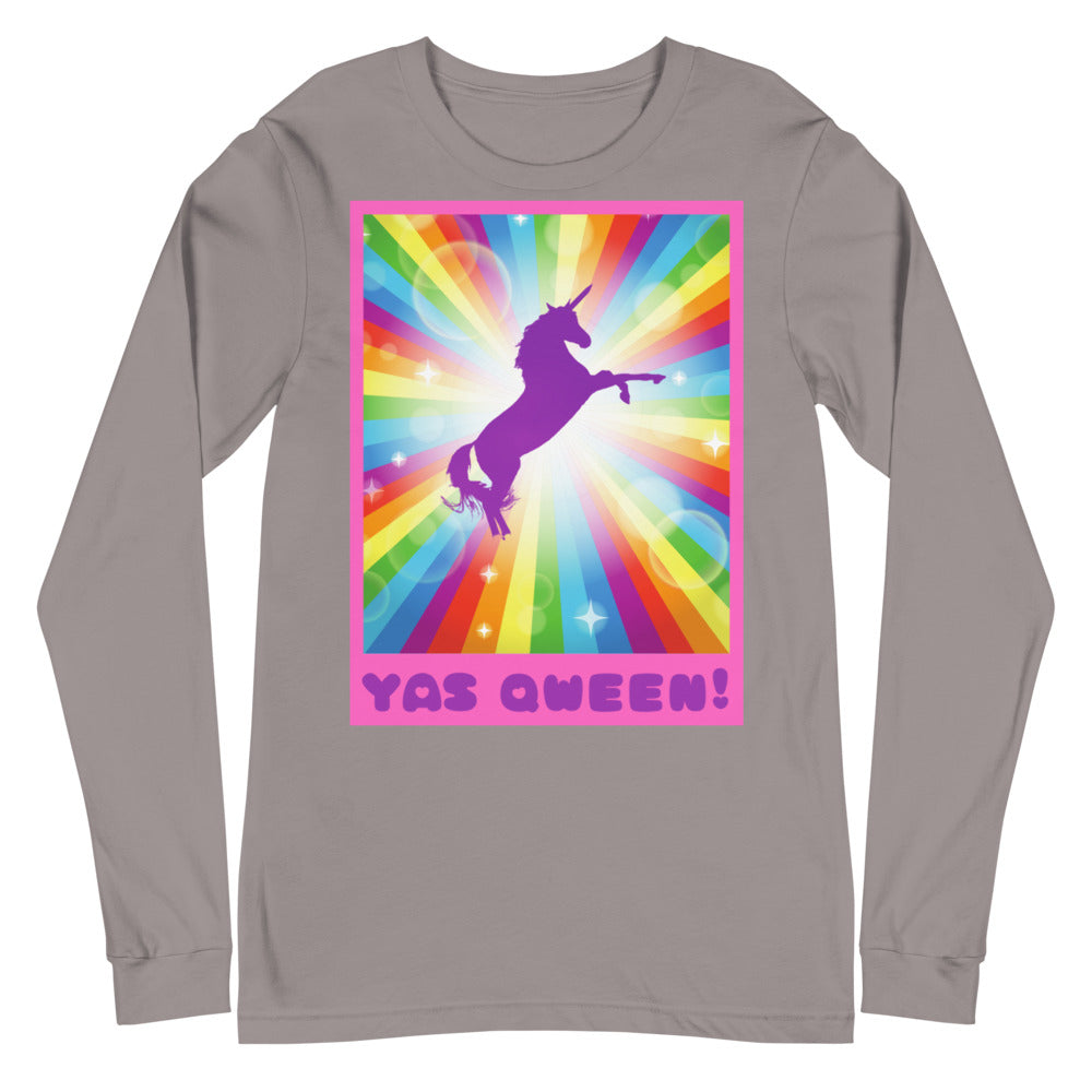 Gray long-sleeve shirt with a rainbow unicorn graphic and “YAS QWEEN!” text