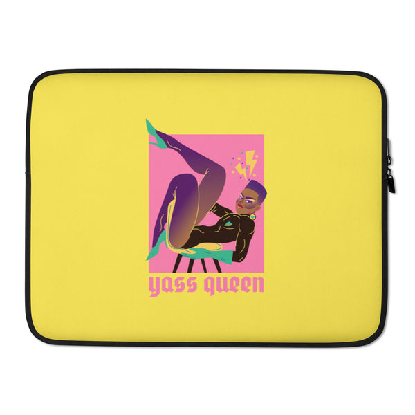 Yellow laptop sleeve with black trim, a colorful reclining queen illustration, and “Yass Queen” text