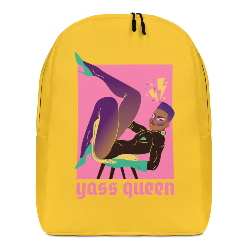 Front view of a yellow backpack with a colorful stylized mermaid and “Yass Queen” text