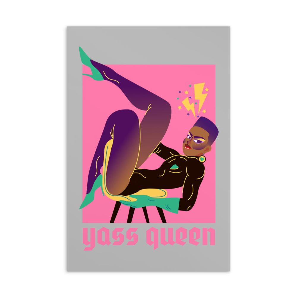 Postcard illustration of a reclining drag queen in thigh-high boots, captioned “YASS QUEEN”