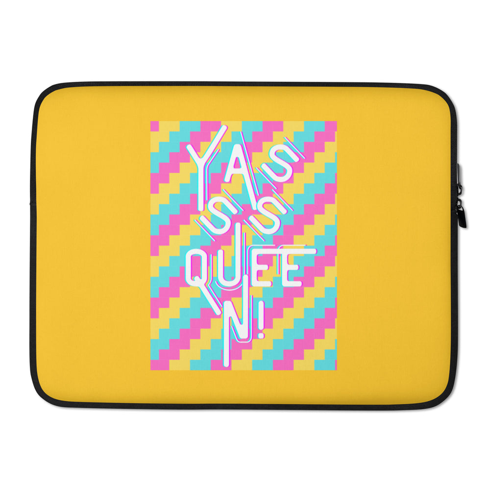Yasss Queen Laptop Sleeve with bold text and vibrant geometric pattern, shown as glitter-nailed hands slip in a silver Apple laptop.