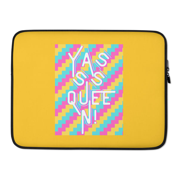 Yasss Queen Laptop Sleeve with bold text and vibrant geometric pattern, shown as glitter-nailed hands slip in a silver Apple laptop.