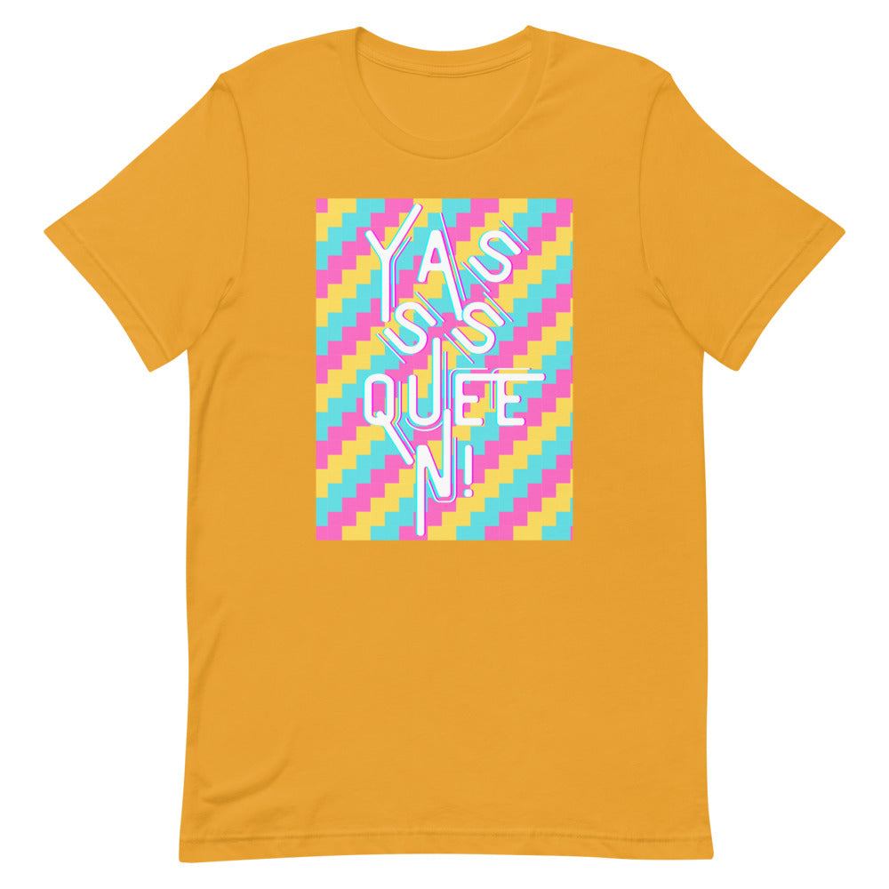 Mustard yellow T-shirt with colorful geometric print spelling “Yasss Queen!”