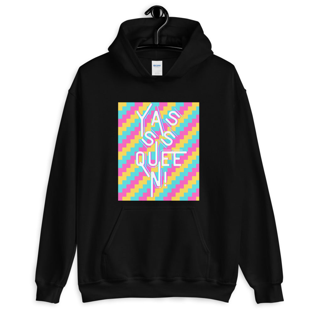 Black pullover hoodie with colorful diagonal stripes and “Yasss Queen!” chest graphic