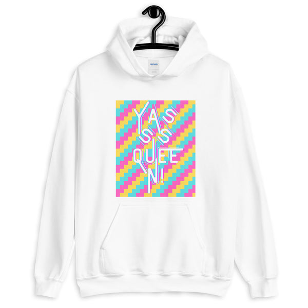 White hoodie with colorful diagonal stripes and “Yasss Queen!” graphic, shown on a hanger