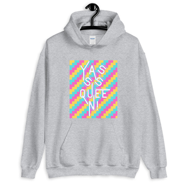 Gray hoodie with colorful geometric stripes and stacked “YASS QUEEN!” graphic