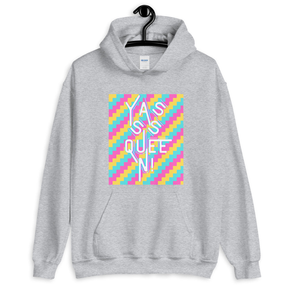 Gray hoodie with colorful geometric stripes and stacked “YASS QUEEN!” graphic