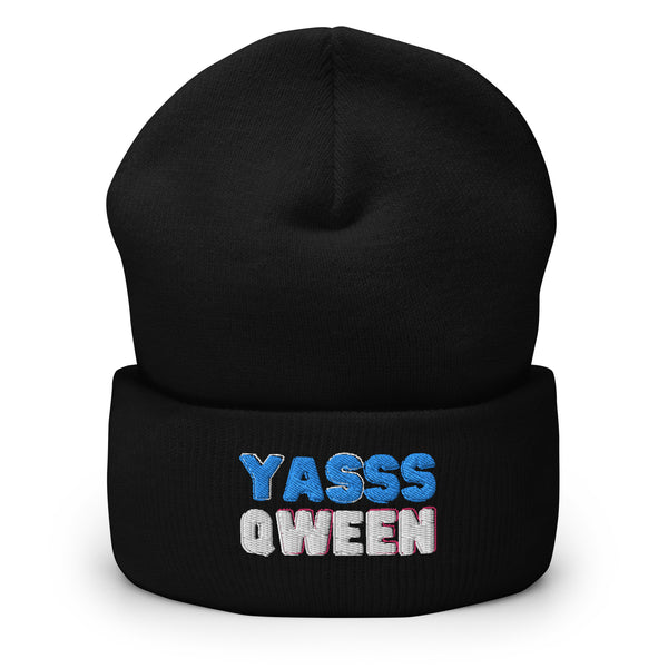 Front-facing black cuffed beanie embroidered with “Yasss Qween” in blue, white, and pink