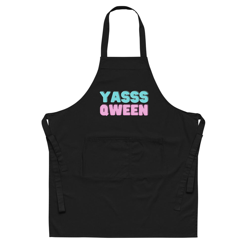 Front-facing black apron with a large blue and pink “YASSS QWEEN” print and front pocket