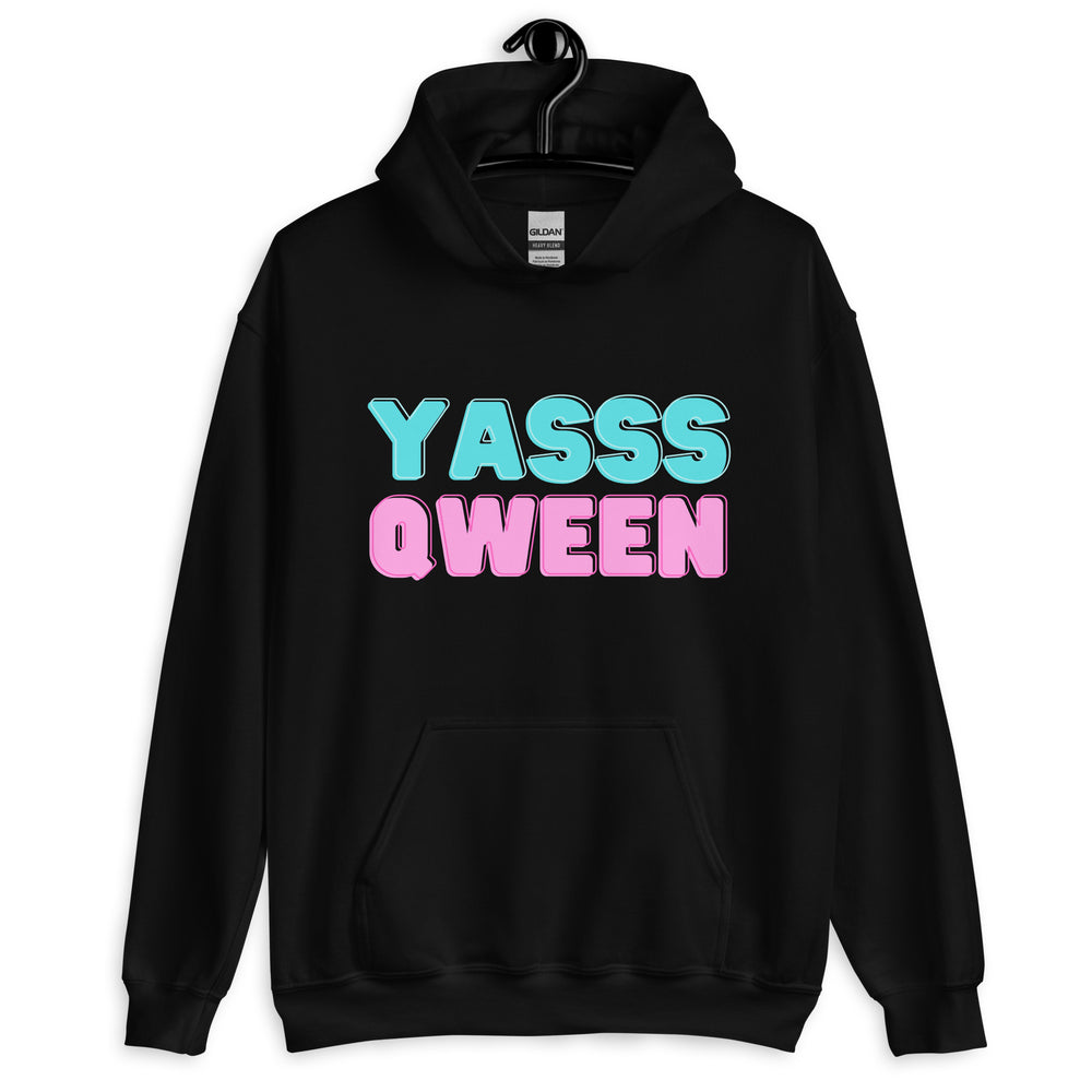Front view of a black hoodie with turquoise and pink “YASSS QWEEN” lettering