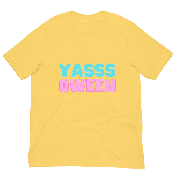 Front-facing yellow T-shirt with pastel blue and pink “YASSS QWEEN” lettering