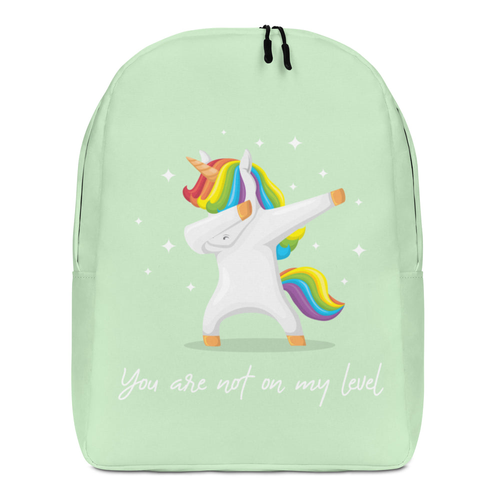 Front view of a mint green backpack with a dancing rainbow-maned unicorn and white text reading “You are not on my level.”