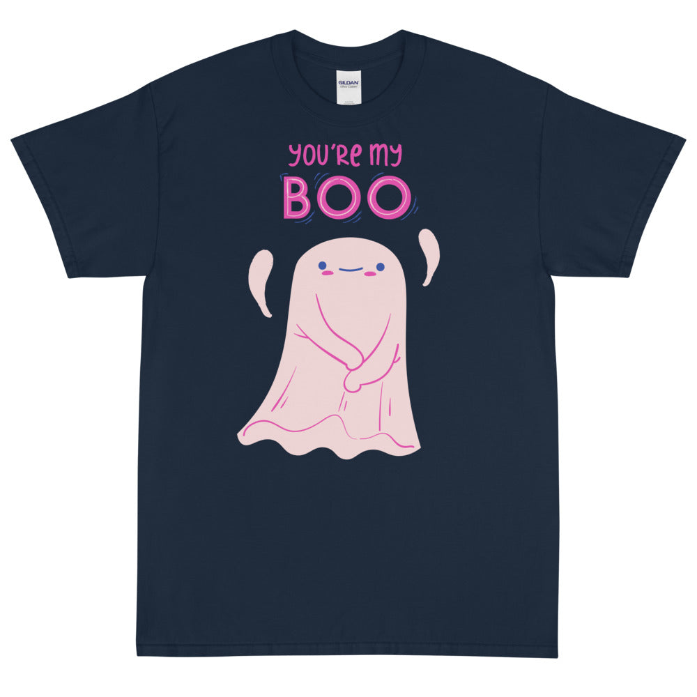 Navy T-shirt reading “YOU’RE MY BOO” above a pink cartoon ghost