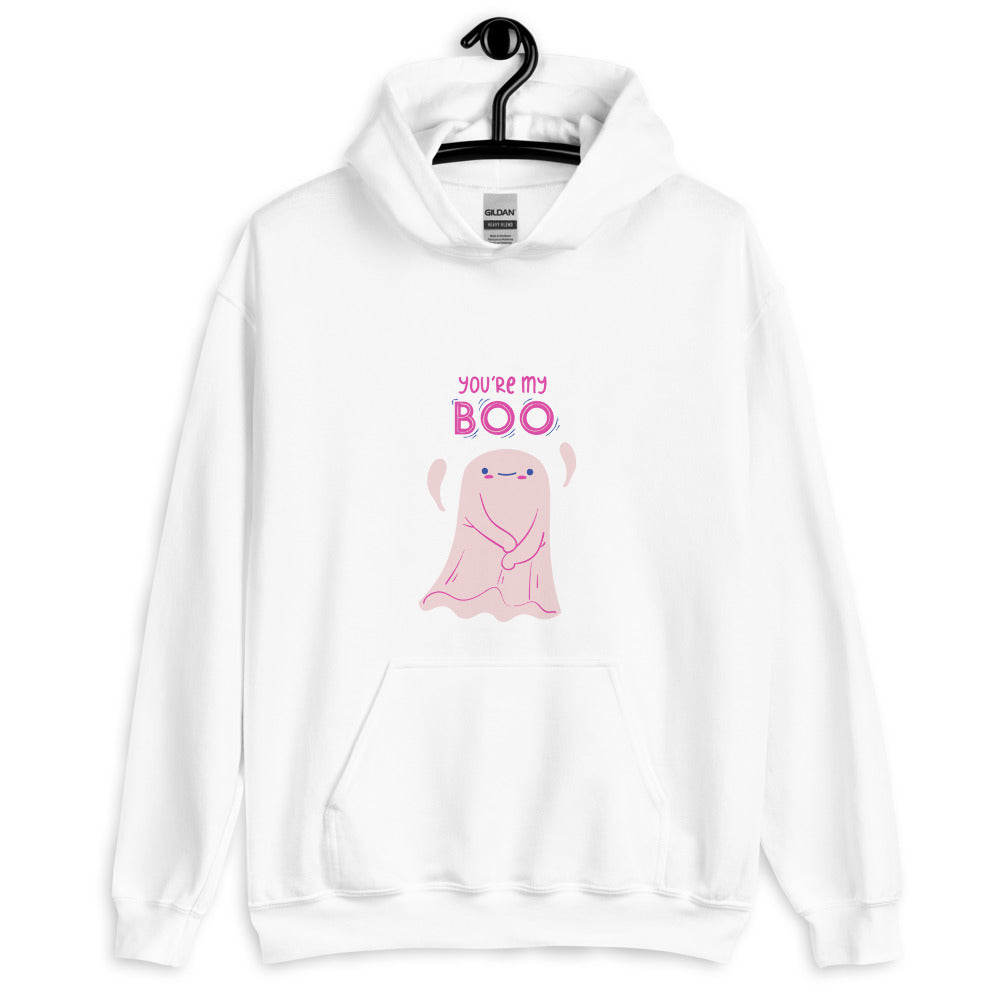 Front view of a white hoodie reading “YOU’RE MY BOO” above a pink ghost graphic