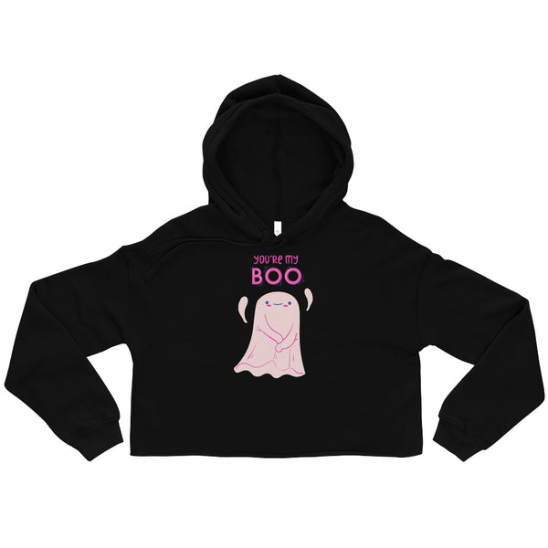 Black cropped hoodie with pink “YOU’RE MY BOO” text and a smiling ghost graphic