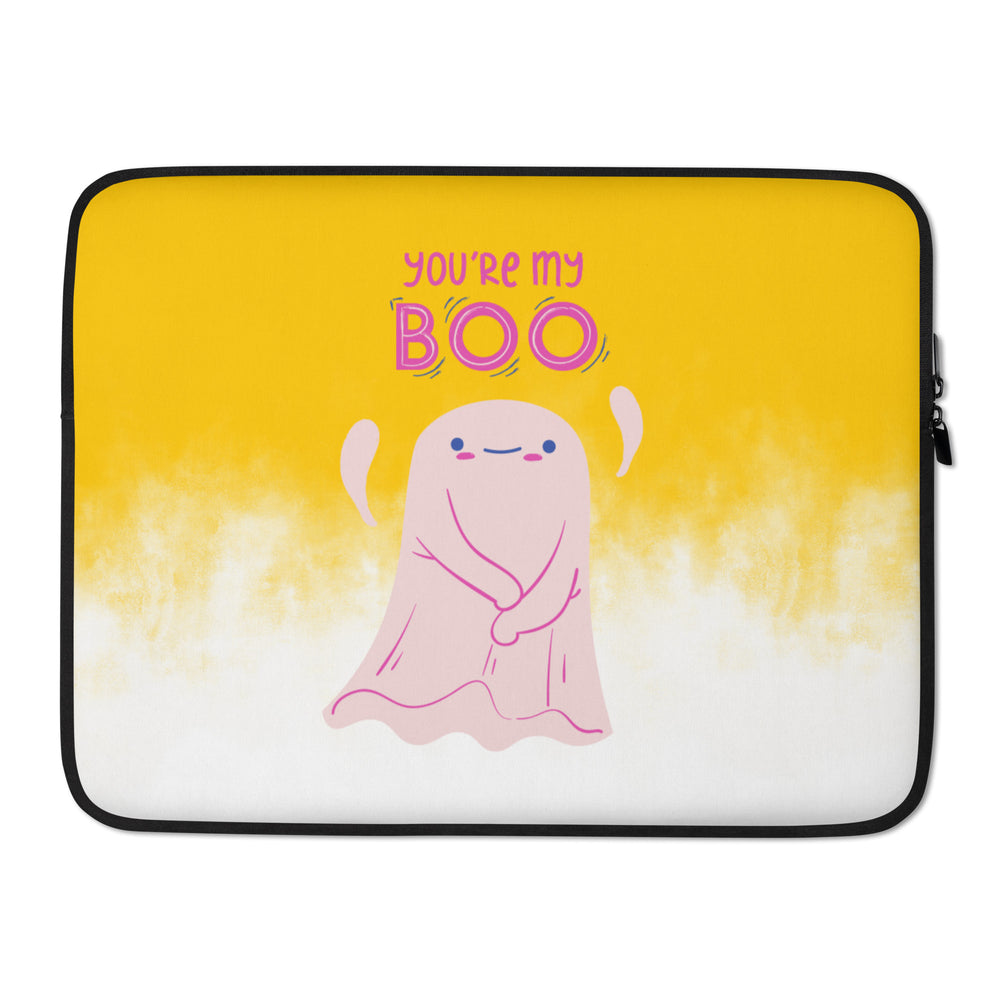 Laptop sleeve with a pink cartoon ghost under the words “YOU’RE MY BOO”