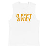 Front view of a white sleeveless tank top with bold gold “0 FEET AWAY” lettering